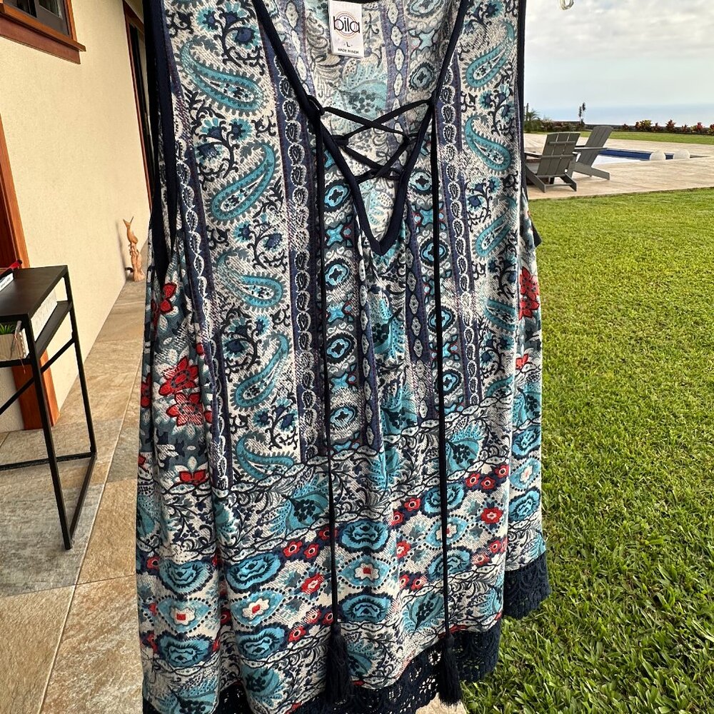 BILA HIPPIE BOHO COLD SHOULDER PRINT TOP BLOUSE BLUE RED PRINT GEORGETTE Large